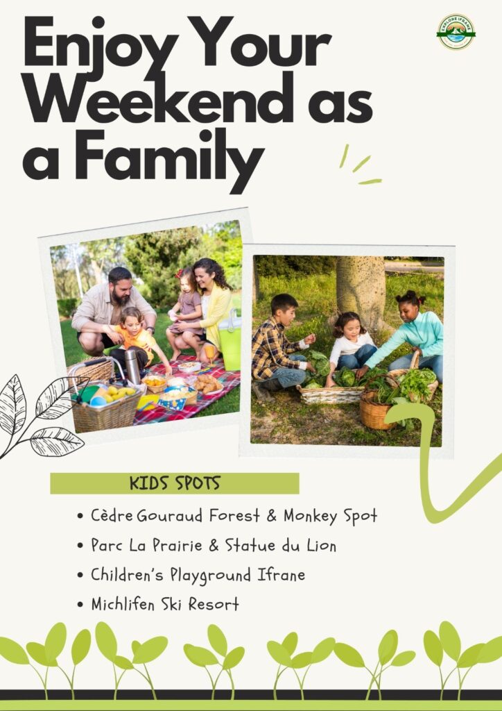 Poster highlighting the top things to do in Ifrane with kids — including parks, playgrounds, the lion statue, and monkey forest.